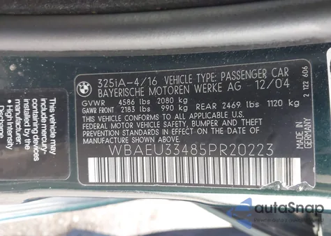 2005 BMW 325 Xi from USA, damaged, VIN WBAEU33485PR20223